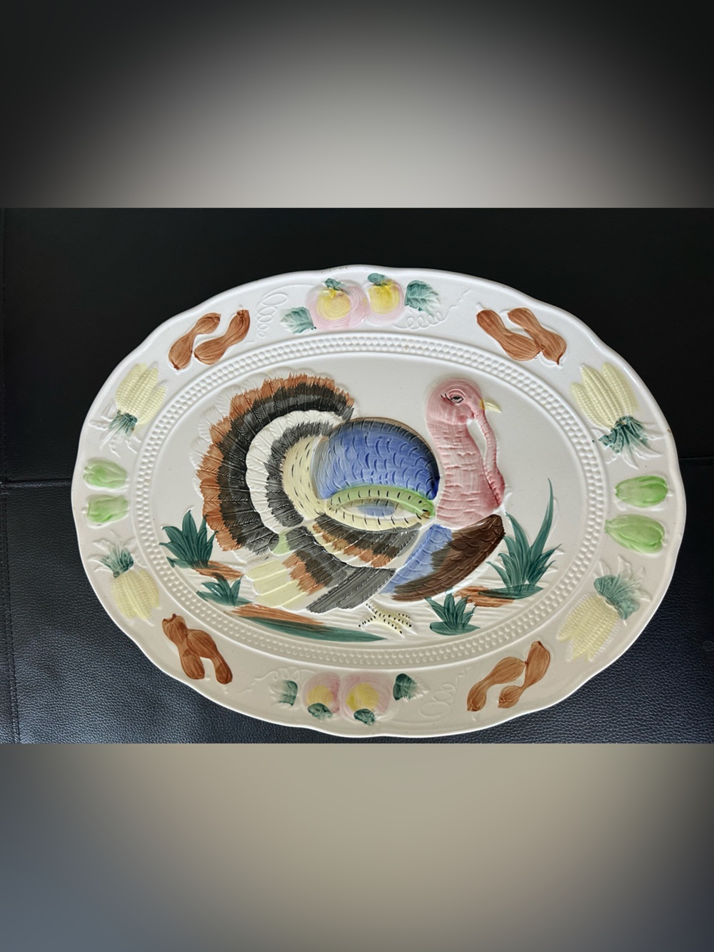 Ceramic Embossed Thanksgiving Turkey Platter 16"x12" Painted Made In Japan EUC